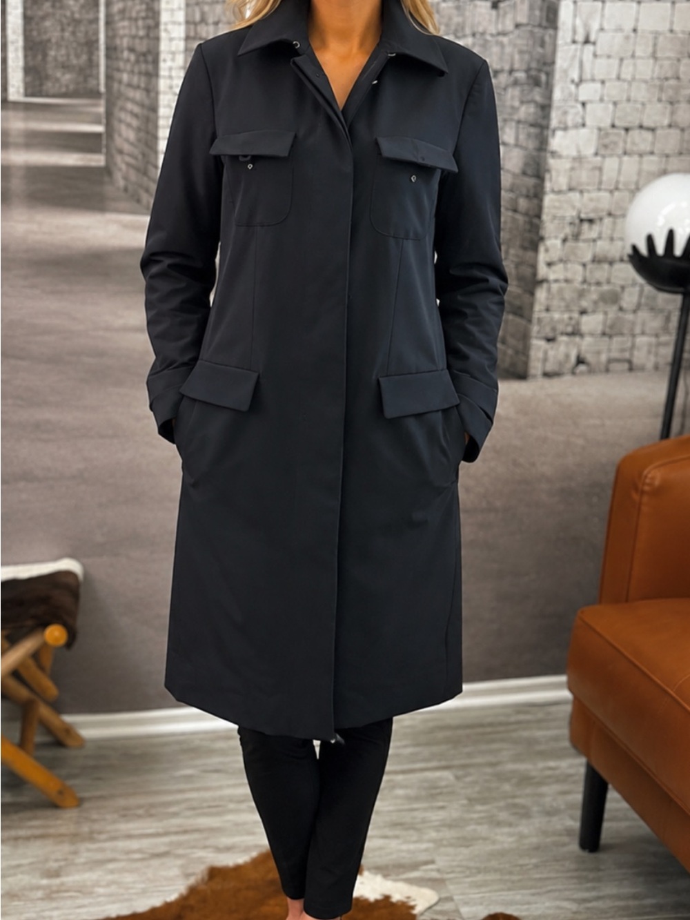 Prada Womens Black Long Sleeve Collared Button Front Winter Overcoat Size EU 44